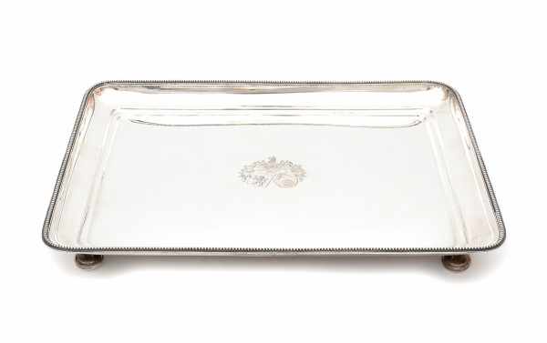 A Dutch rectangular Sterling silver tray with the coat of arms of a Dutch patrician family. Makers