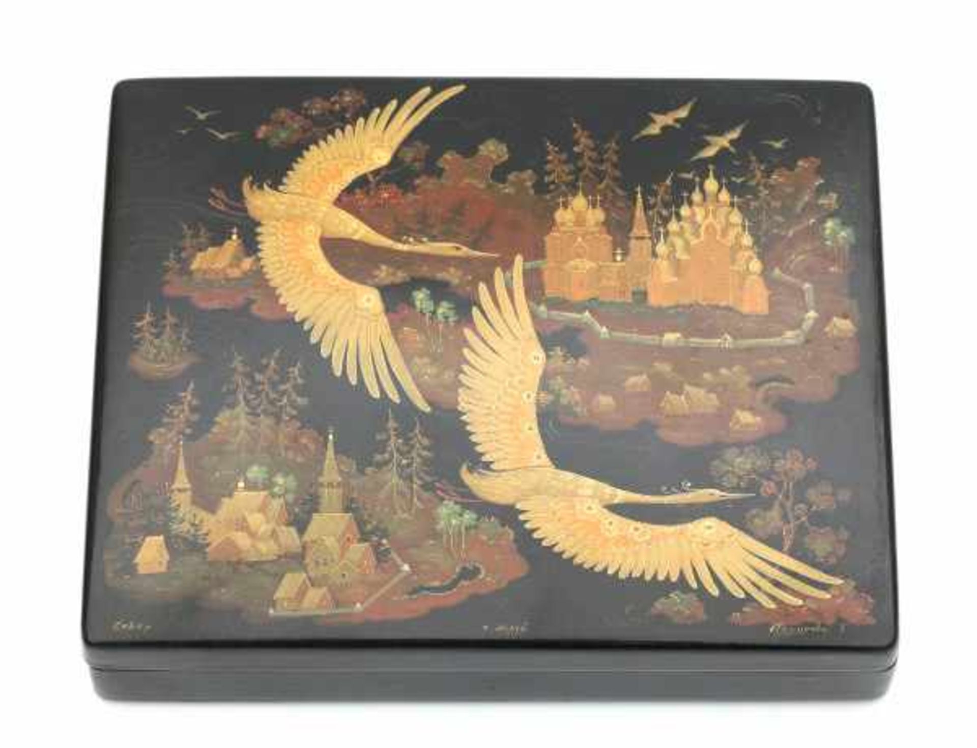 A Russian lacquer box, decorated with swans flying above a fairytale landscape . Palekh, signed S. - Bild 2 aus 3