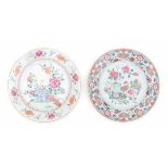 Two Chinese famille rose plates, decorated with a goose between flowering plants. 18th