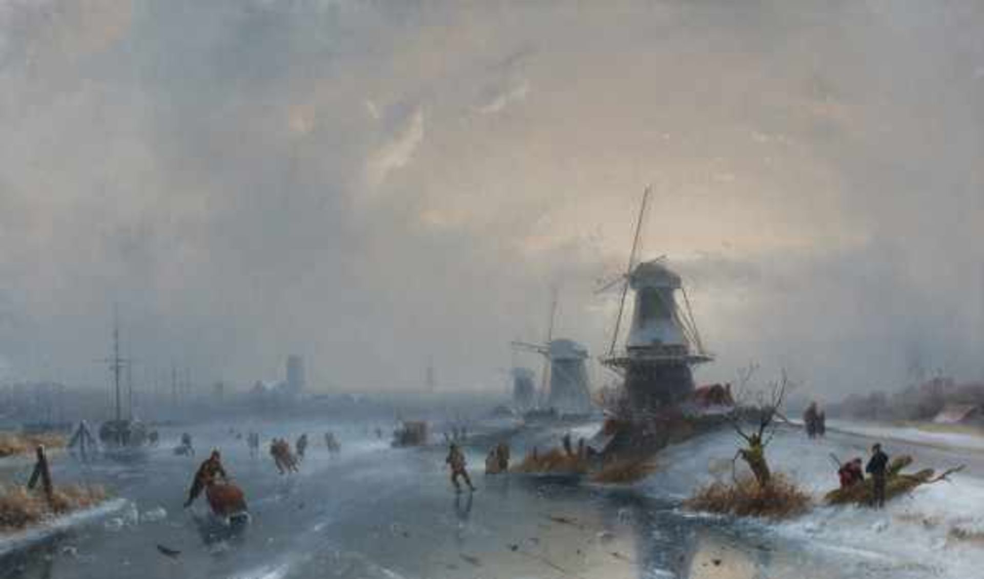 Charles Leickert (1812-1907)Winter scene with ice skating figures by a windmill. Signed and dated '