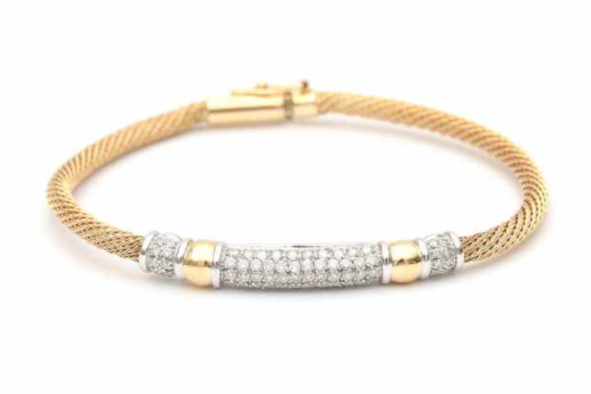 A yellow and white gold braided bracelet, its center is set with pavé cut diamonds, total ca. 0.51