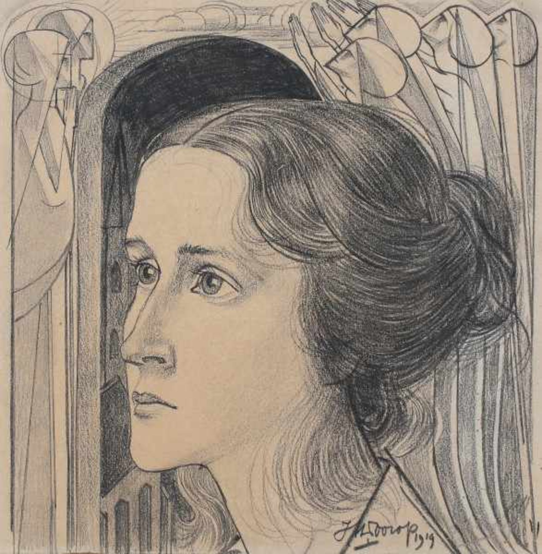 Jan Toorop (1858-1928)Portrait of a young woman. Twice signed and dated 1919 lower right.Drawing