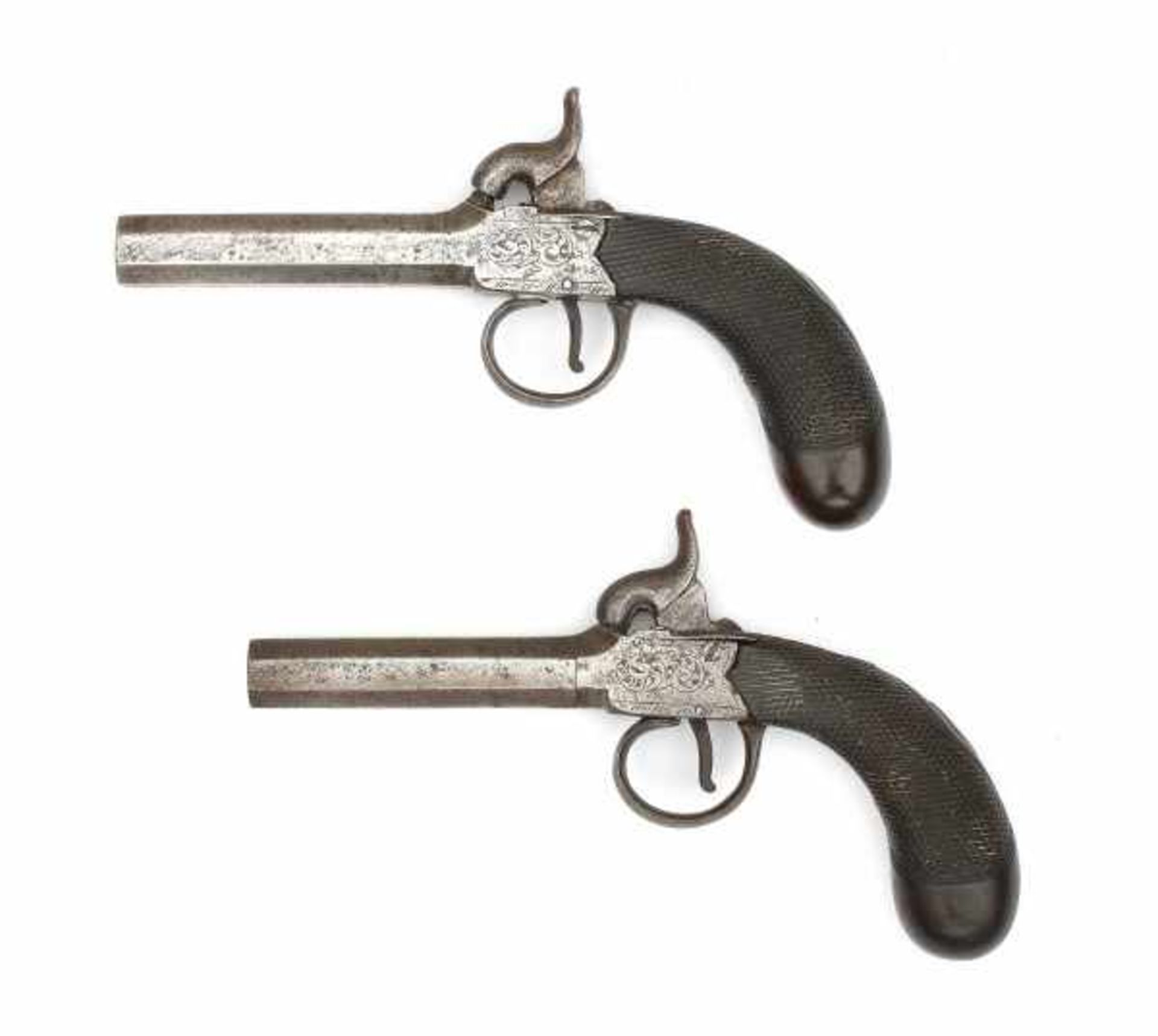 A pair of muzzle loading ladies percussion pistols, with carved walnut grips. Circa 1800Length 18