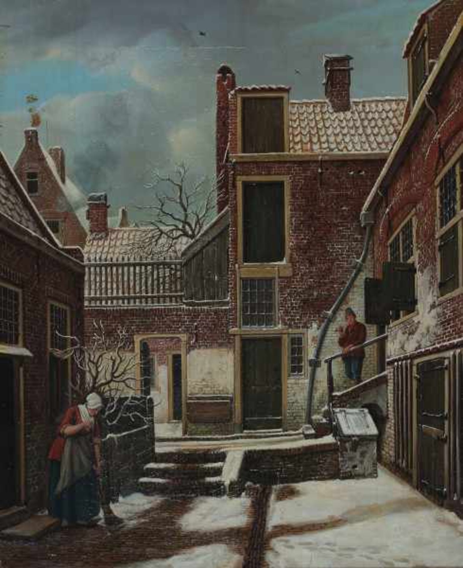 Carel Lodewijk Hansen (1765-1840)Woman sweeping a snow-covered courtyard. Signed upper left on the