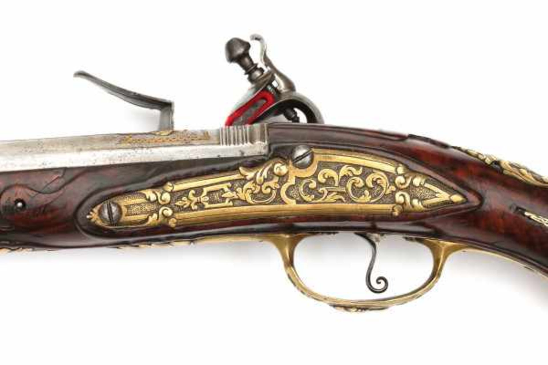 An Italian flintlock pistol, the walnut stock enriched with engraved brass mount. The barrel - Bild 4 aus 7