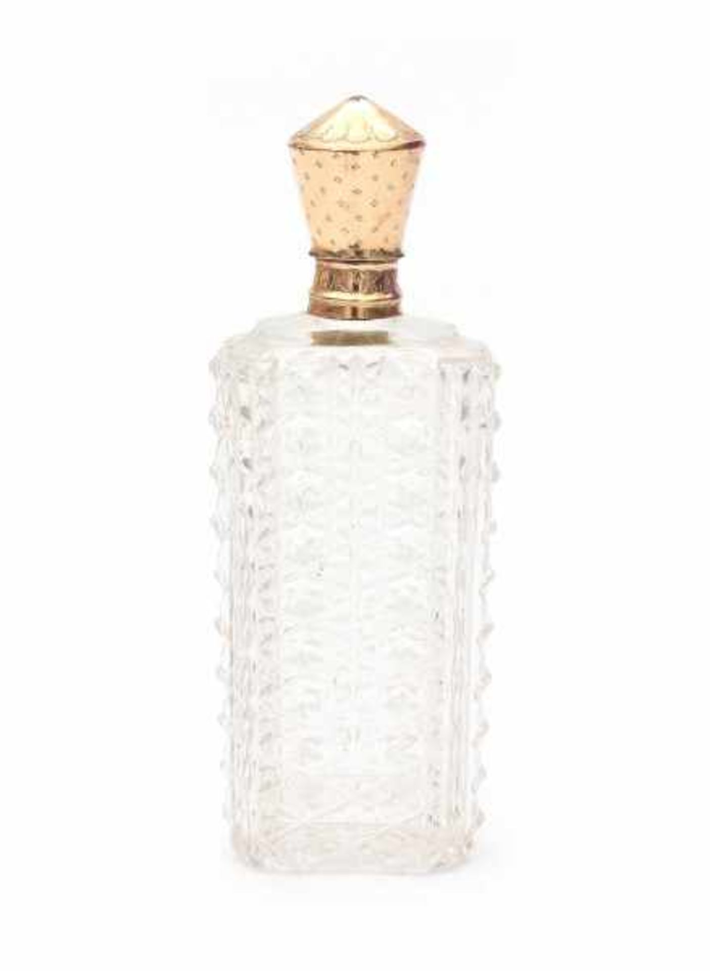 A crystal perfume bottle with a 14 carat rose gold cap in original leather case from the 19th
