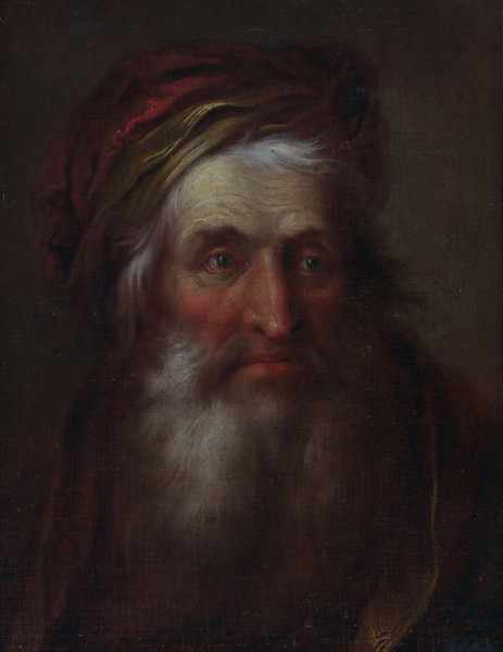 Follower of Christian Wilhelm Ernst DietrichPortrait of an old man with cap. Illegible monogram