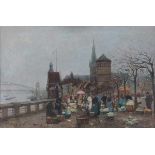 German Grobe (1857-1938)View of the Rhine in Düsseldorf. Signed lower left.panel 38,5 x 58,5