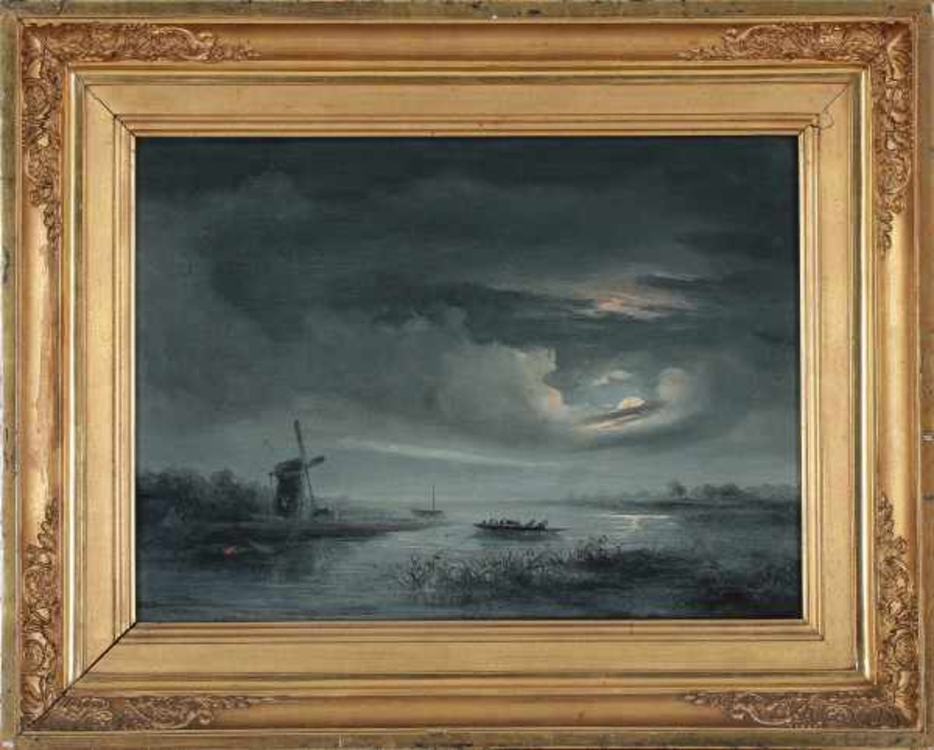 Ferdinand Hendrik Sypkens (1813-1860)River in the moonlight. Signed lower right.panel 29,5 x 40 cm.- - Bild 2 aus 4