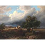 Circle of Barend Cornelis Koekkoek (1803-1862)River landscape with a ruin. Signed and dated 1864