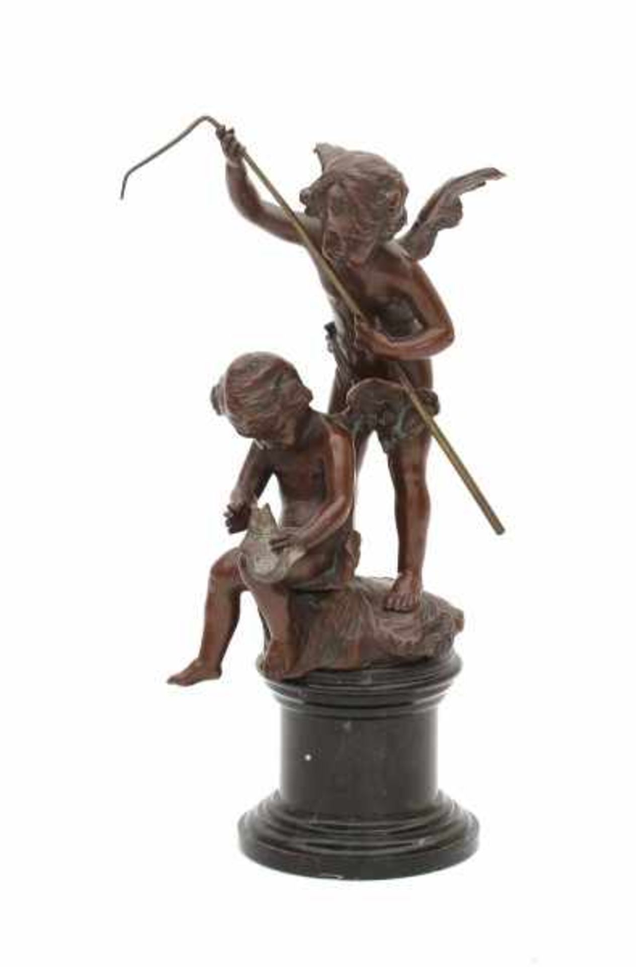 European school 19th centuryA bronze sculpture, fishing angels, one with rod the other with fish. On