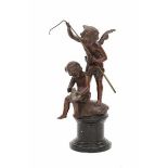 European school 19th centuryA bronze sculpture, fishing angels, one with rod the other with fish. On