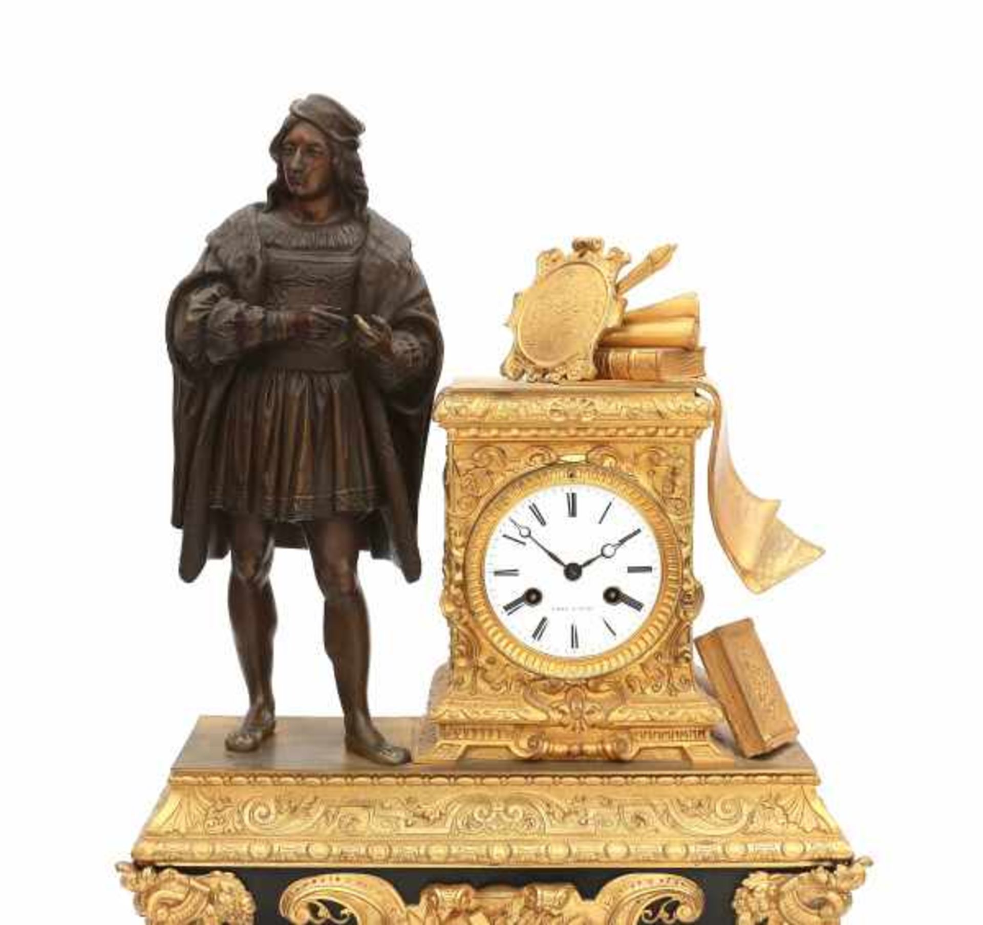 A parcel gilt mantle clock, with a painter and his palet. The enamelled face with Roman numerals and - Bild 2 aus 4