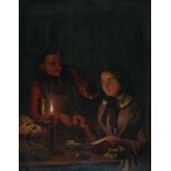 Petrus van Schendel (1806-1870)Interior with a couple by candlelight. Signed lower right.panel 38