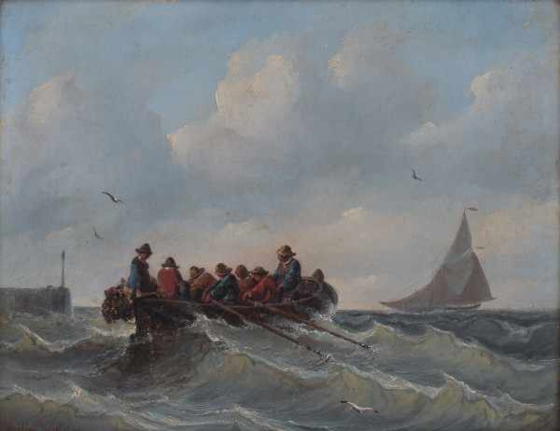 Dutch school 19th centuryRowing boat on restless waters. Signed and dated Albert van Beest 1850