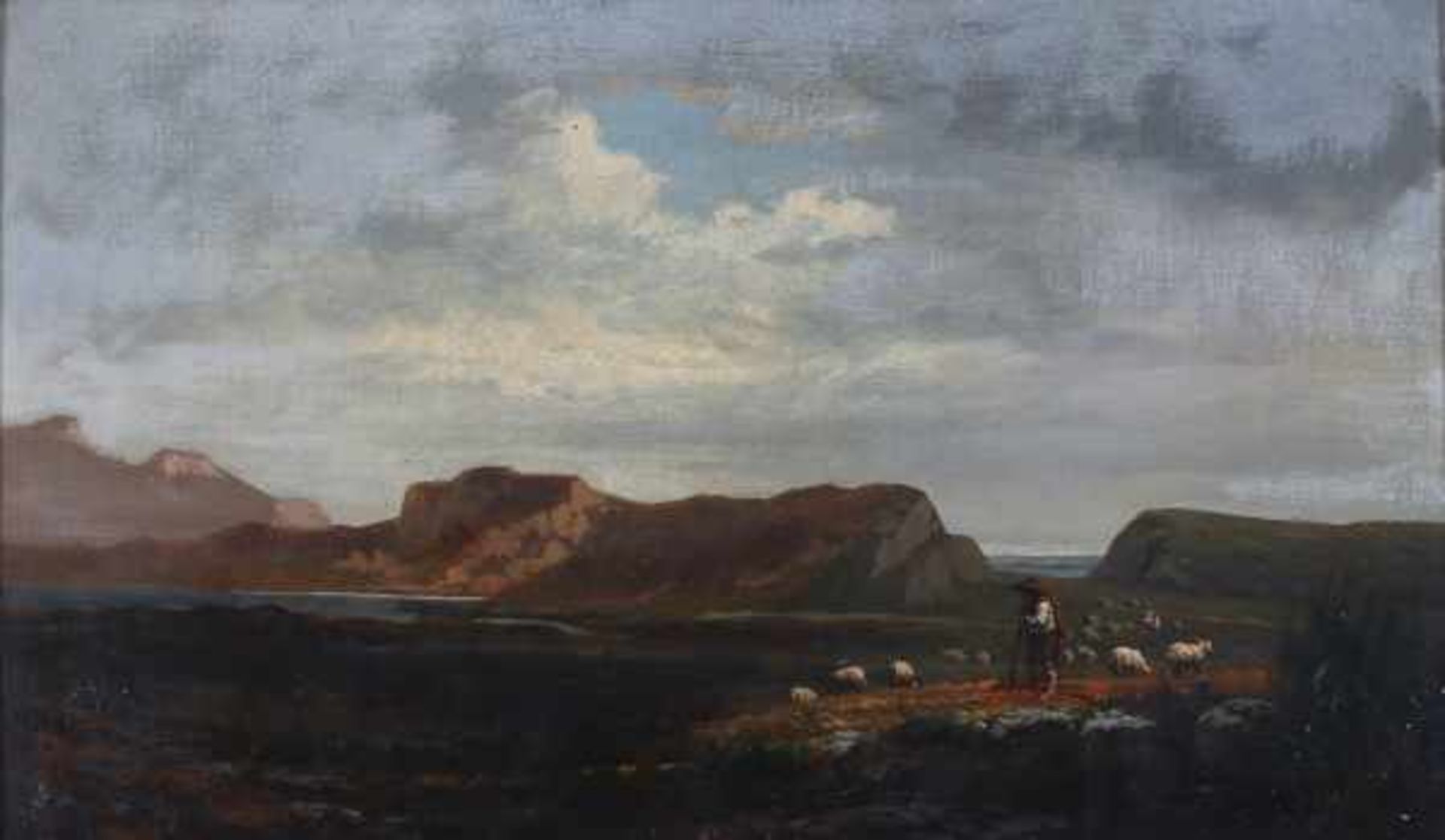 Antonin Fanart (1831-1903)Shepherd and his flock in the hills. Signed lower right.Marouflé 32 x 54 - Bild 4 aus 4