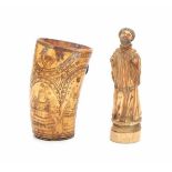 A South European ivory sculpture, saint and beaker with engraved decoration of Mary. 18/19th