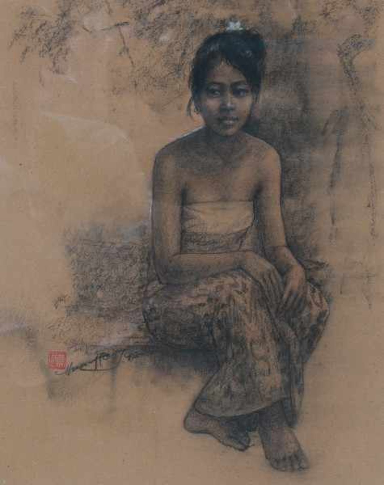 Huang Fong (1936-2004)Girl with a white flower in her hair. Signed and dated '95 and with red seal