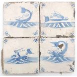 Four Delft blue and white tiles, all decorated with sea creatures. 18th century.12,5 x 12,5