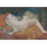 Karel Spillar (1871-1939)Reclining nude with a plate of fruit. Signed lower left.Pastel drawing 68 x