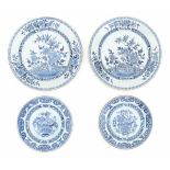 Two pairs of Chinese blue and white plates. Decorated with flowerbaskets and flowering peonies in