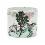 A Chinese famille verte brushpot 'bitong', decorated with a procession greeting a fisherman on the