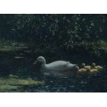Constant Artz (1870-1951)Pond with duck and her ducklings. Signed lower right.panel 17 x 23