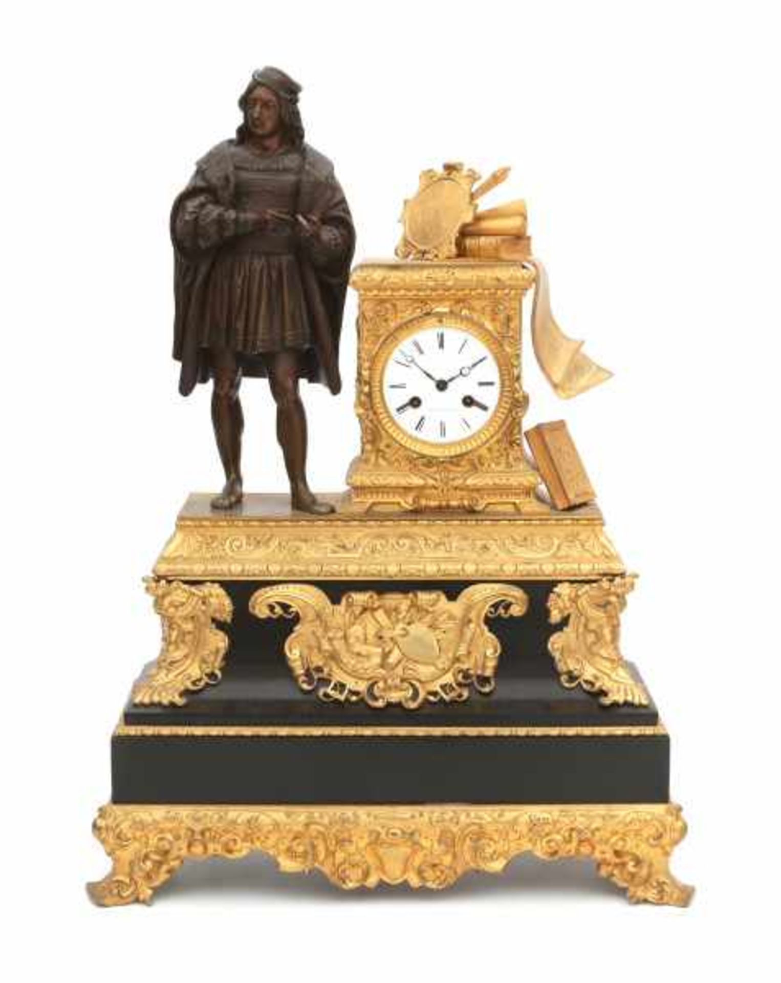 A parcel gilt mantle clock, with a painter and his palet. The enamelled face with Roman numerals and