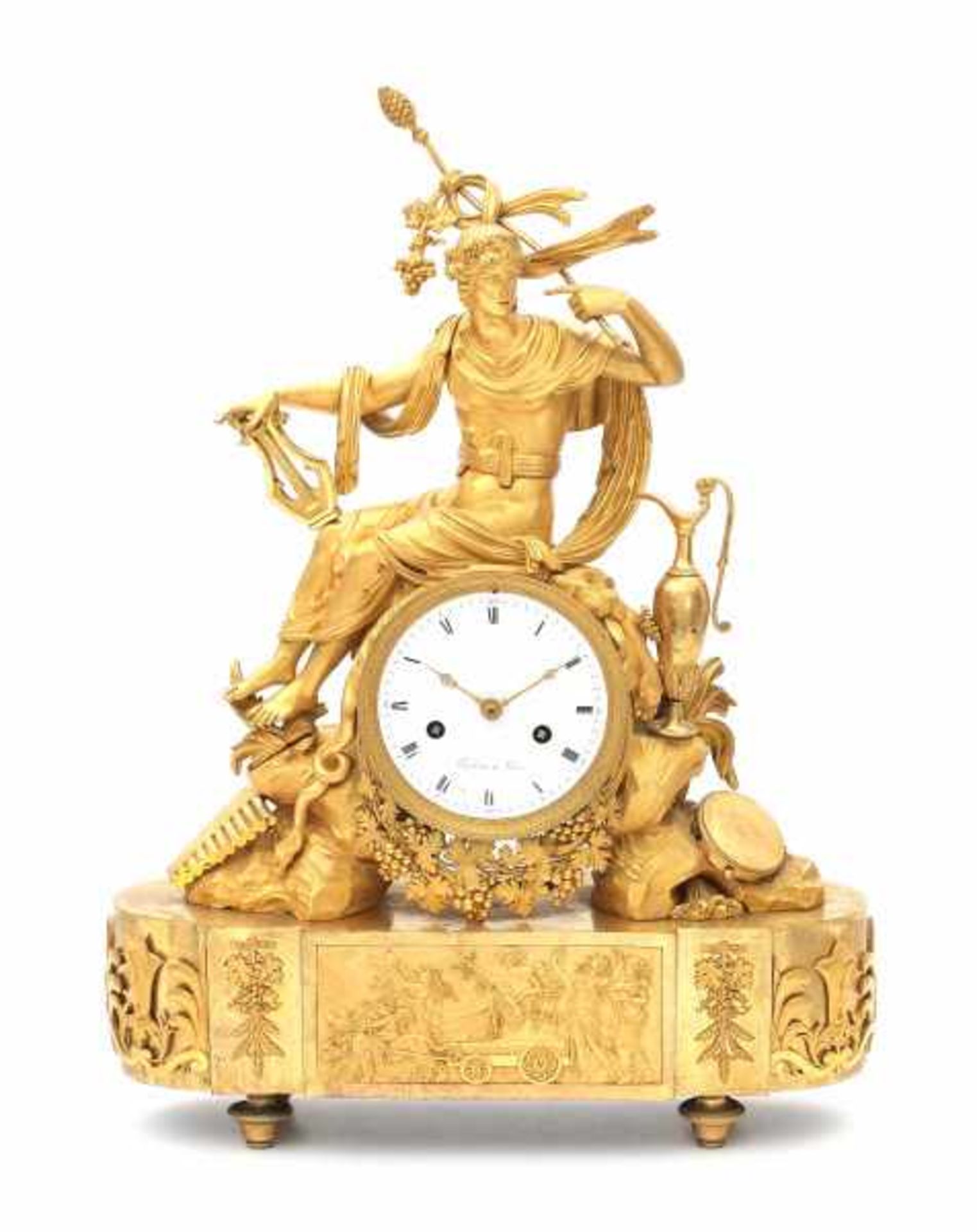 An ormulu mantle clock with a figure of Bacchus. The enamelled dial with roman numerals and adress - Bild 4 aus 4