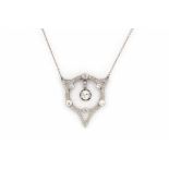 A. Art Deco platinum and 14 krt white gold pendant with necklace. Set with rose and brilliant cut