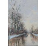 Fredericus Jacobus van Rossum du Chattel (1856-1917)Figure rowing a boat in a winter landscape.