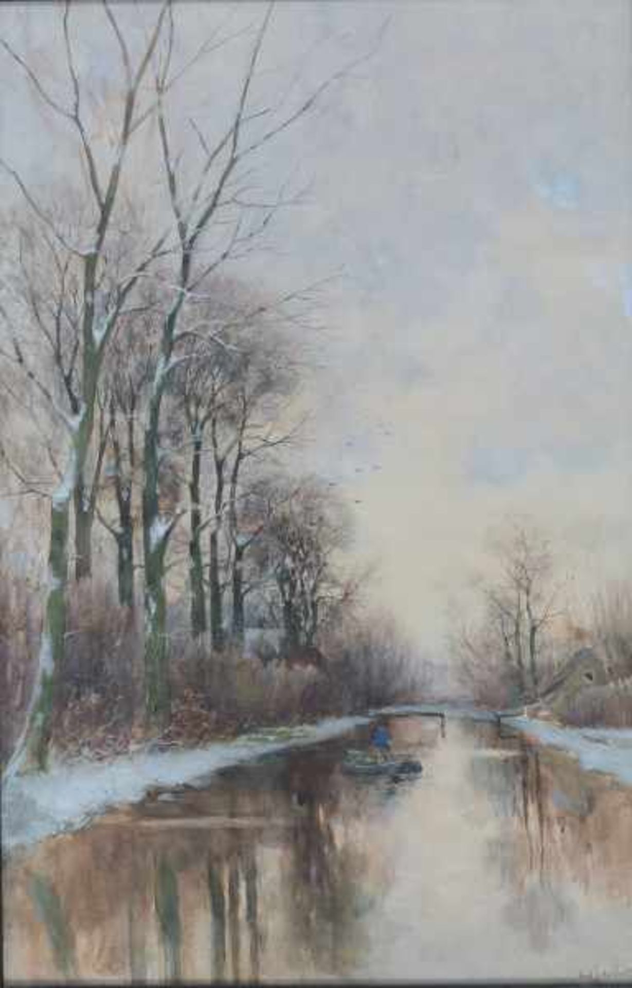 Fredericus Jacobus van Rossum du Chattel (1856-1917)Figure rowing a boat in a winter landscape.