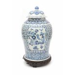 A large Chinese blue and white lidded vase, decorated in four panels with precious objects. On