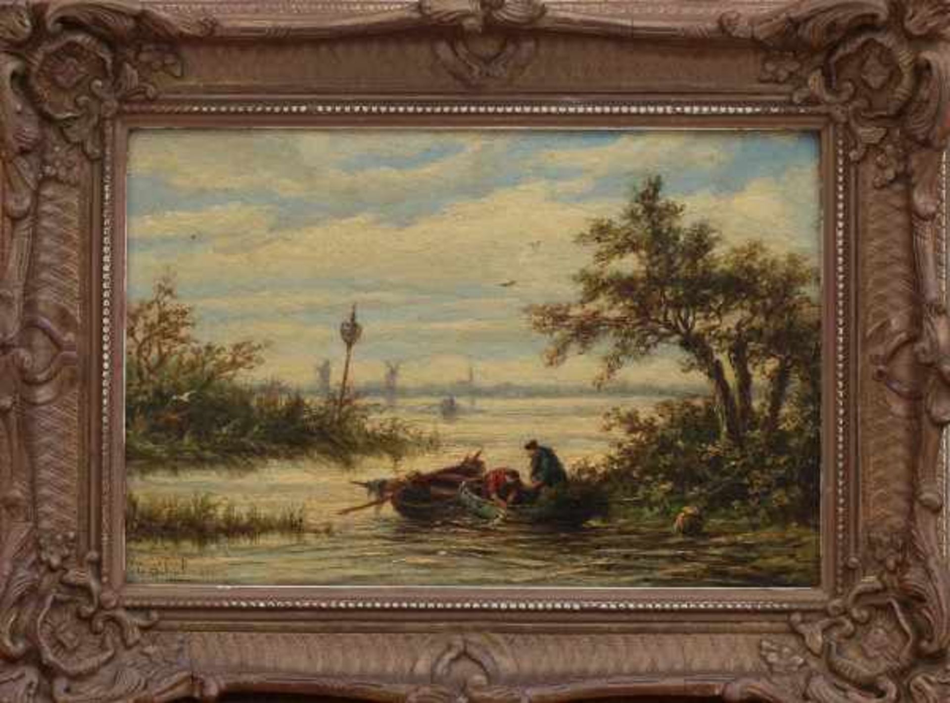 Léon Schulman (1851-1943)Riverscape with two fishermen by the waterside. Signed lower left.panel - Bild 2 aus 4