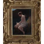 A painted porcelain plaque after Wilhelm Kray 'Psyche mit smetterling am seeufer'. With scepter mark