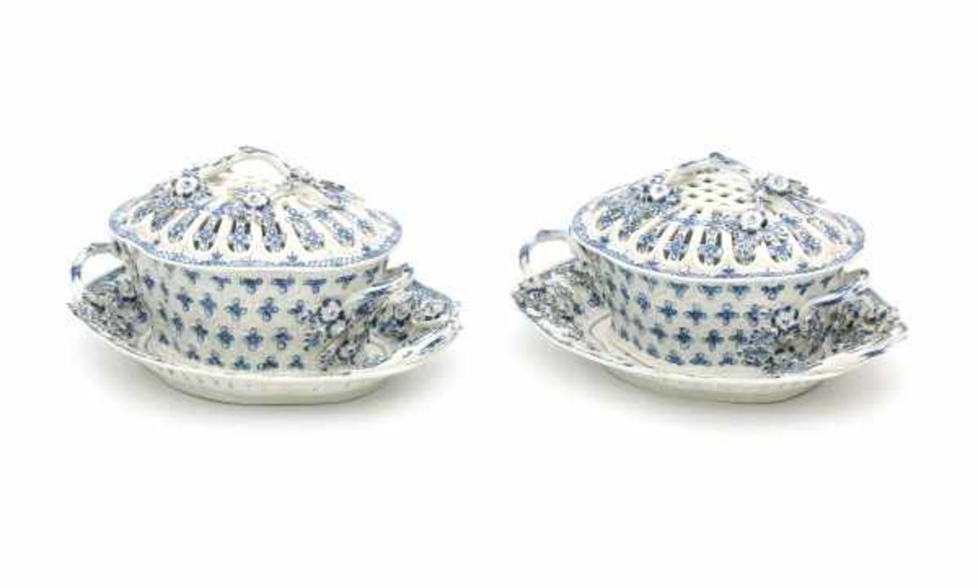 Two first period Worcester blue and white softpaste chestnut baskets with cover and stand, decorated