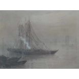 Ginnosuke Yokouchi (1870 - 1942). Ships in the mist. Signed lower left.watercolour 48,5 x 65,5