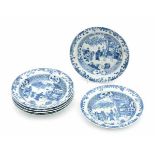 A set of six Chinese blue and white plates, decorated with a scene from 'romance of the Western