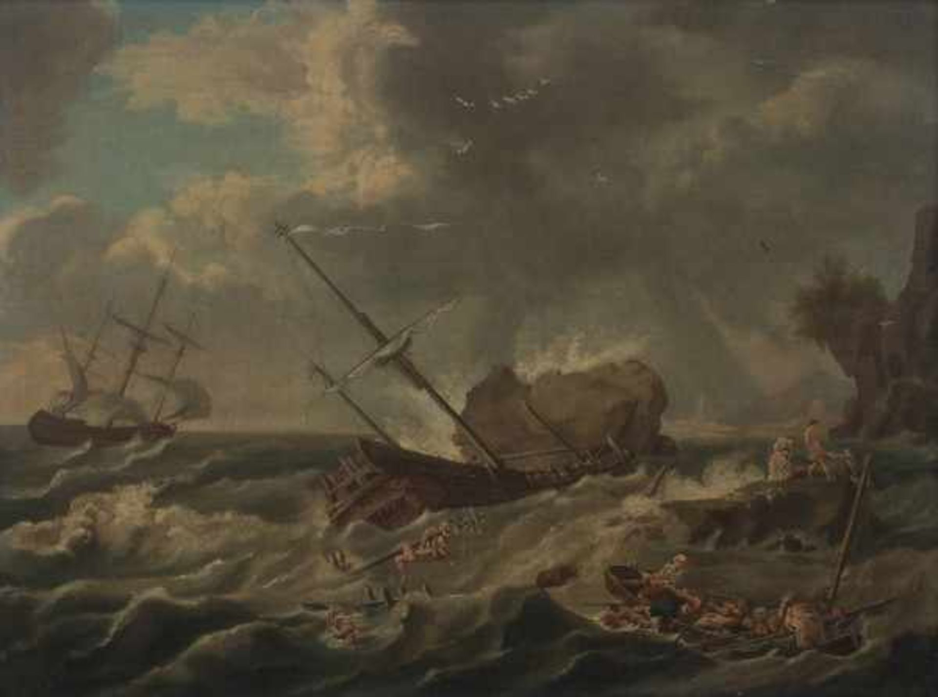 Follower of Bonaventura Peeters I Shipwreck by a mountainous shore. Not signed.canvas 52,5 x 71 cm.-