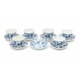 A set of six Chinese blue and white cup and saucers, decorated with a deer and lingzhi surrounded by