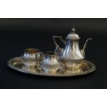 Belgian silver moccha set, Wolfers, ZI, consisting of: moccha pot, milk jug, sugar pot and tray,