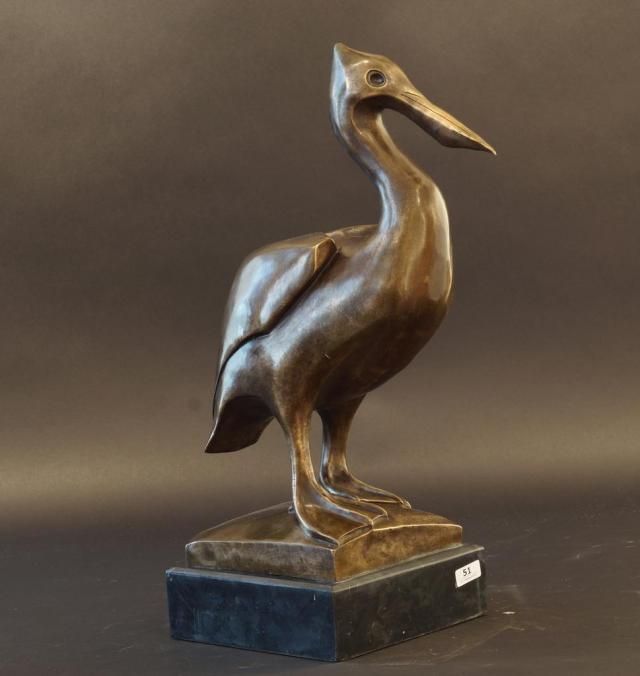 Bronze sculpture on stone base, Standing pelican (after F. Pompon), h. 43 cm. 27.00 % buyer's