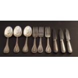 12 silver dinner forks, dinner spoons and 9 dinner knives, France + French silver bone holder,