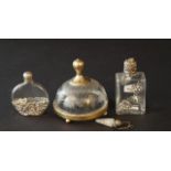 Art nouveau perfume bottle, metal and glass + Butter container, base-metal + Miniature perfume