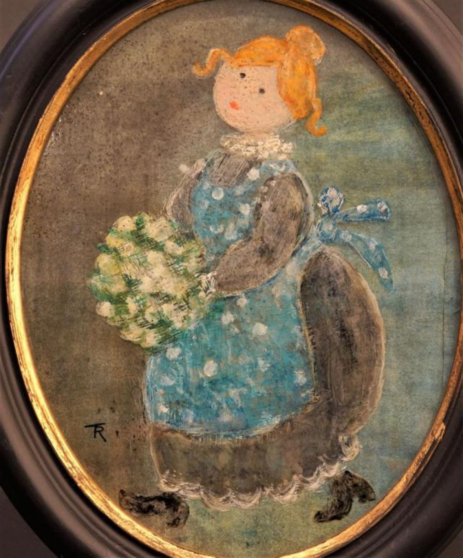 Painting behind glass, Woman with bouquet of flowers, monogram b.l. 'TR', dim. 24 x 18 cm. - Bild 2 aus 2