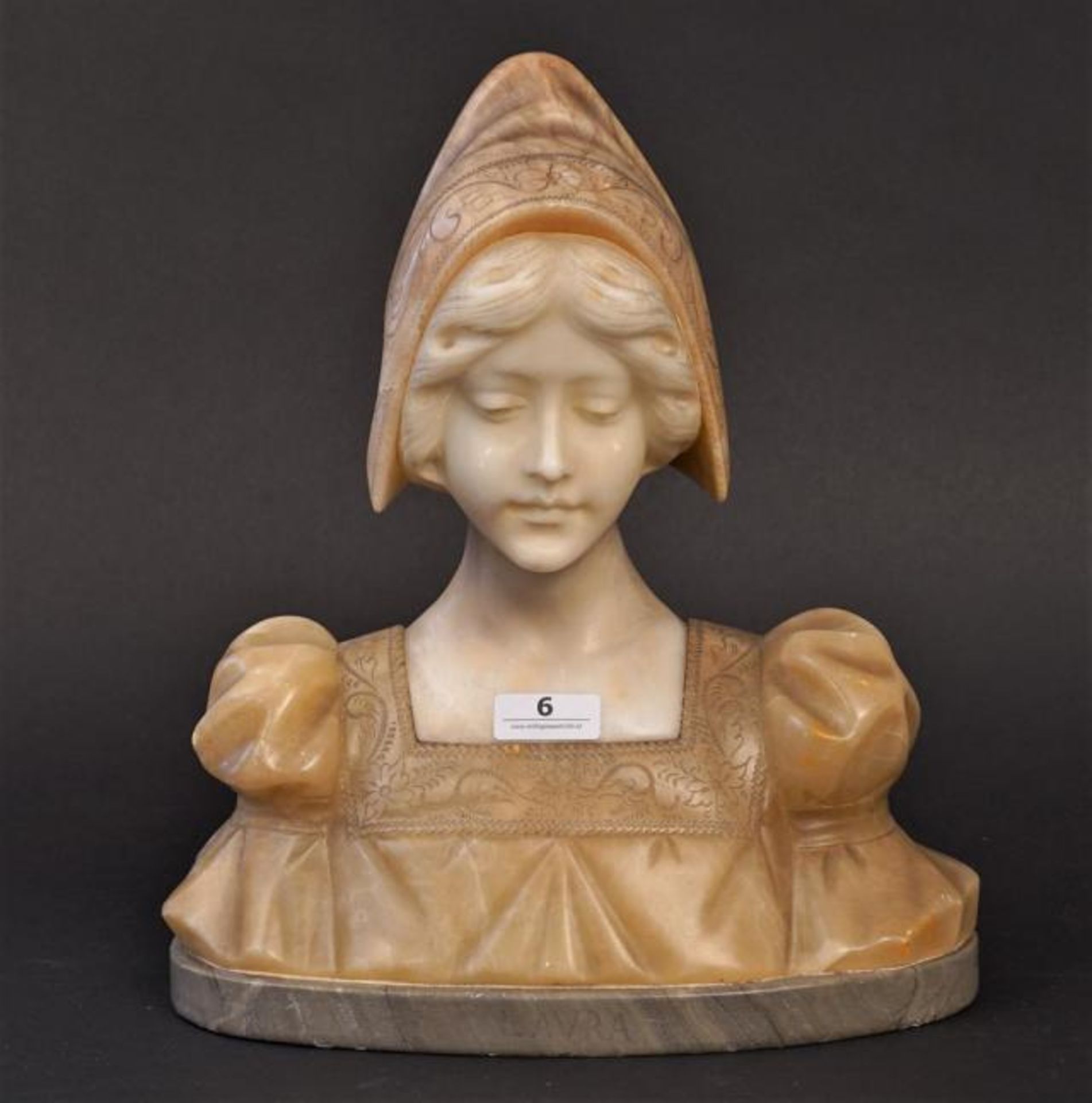 Alabaster bust, Girl with hood, h. 30 cm.