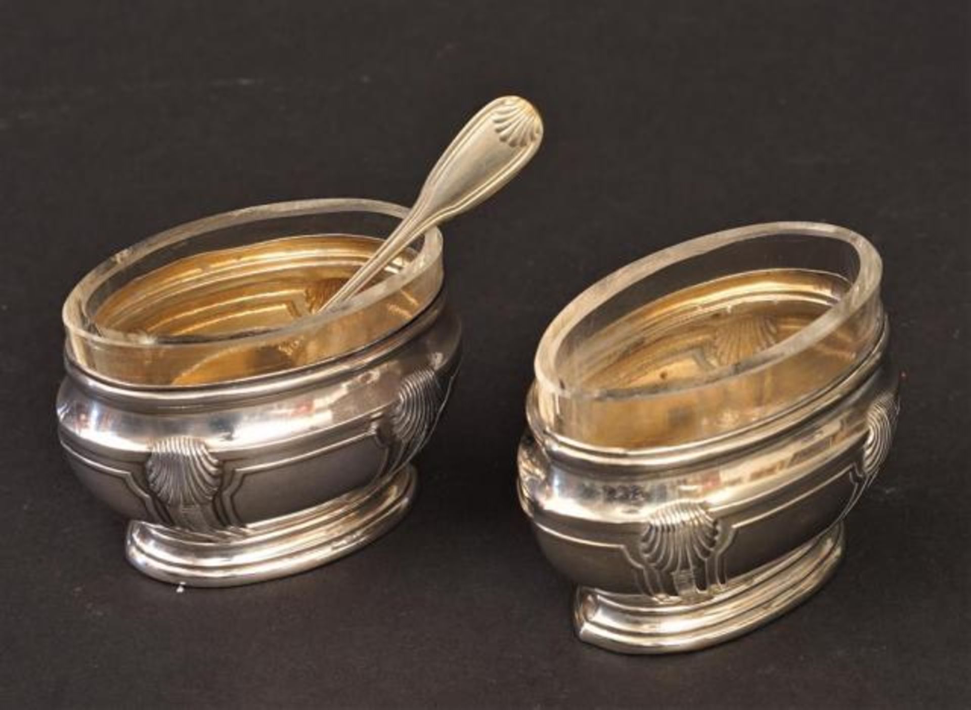 Two spice containers with glass liners + Silver-plated spoon (3x)