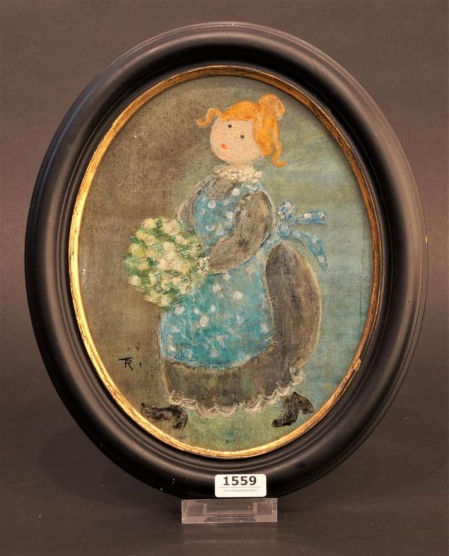 Painting behind glass, Woman with bouquet of flowers, monogram b.l. 'TR', dim. 24 x 18 cm.