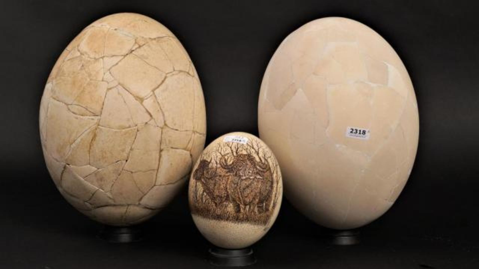 Two ceramic eggs + Decorated ostrich egg (3x)