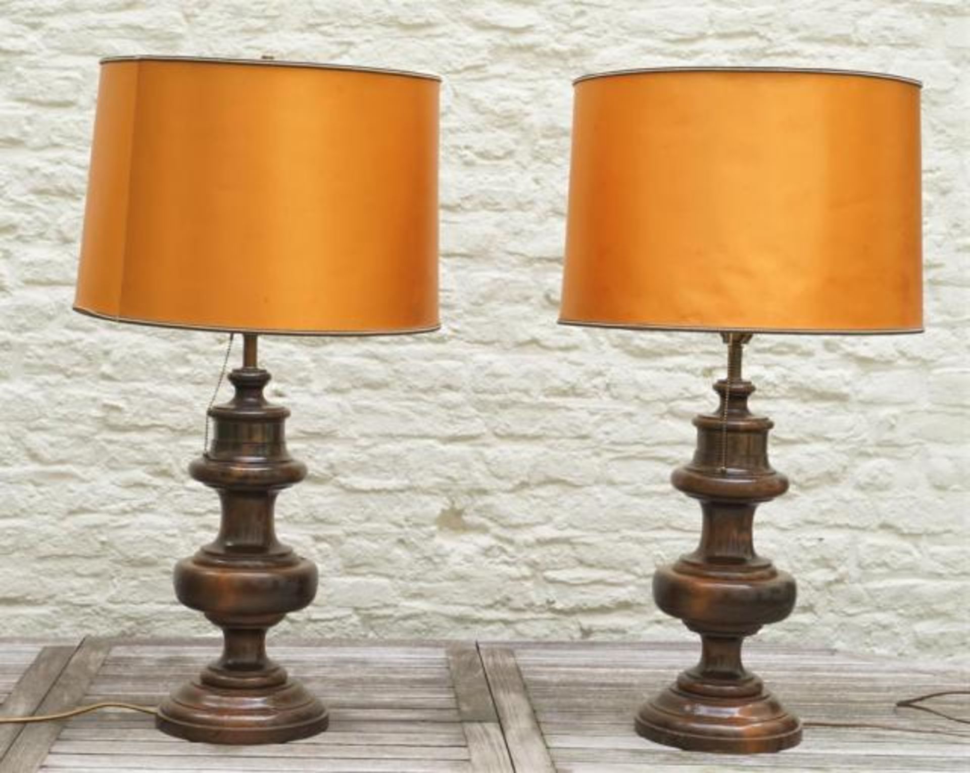 Pair of wooden table lamps, 20th century, h. 85 cm (2x)